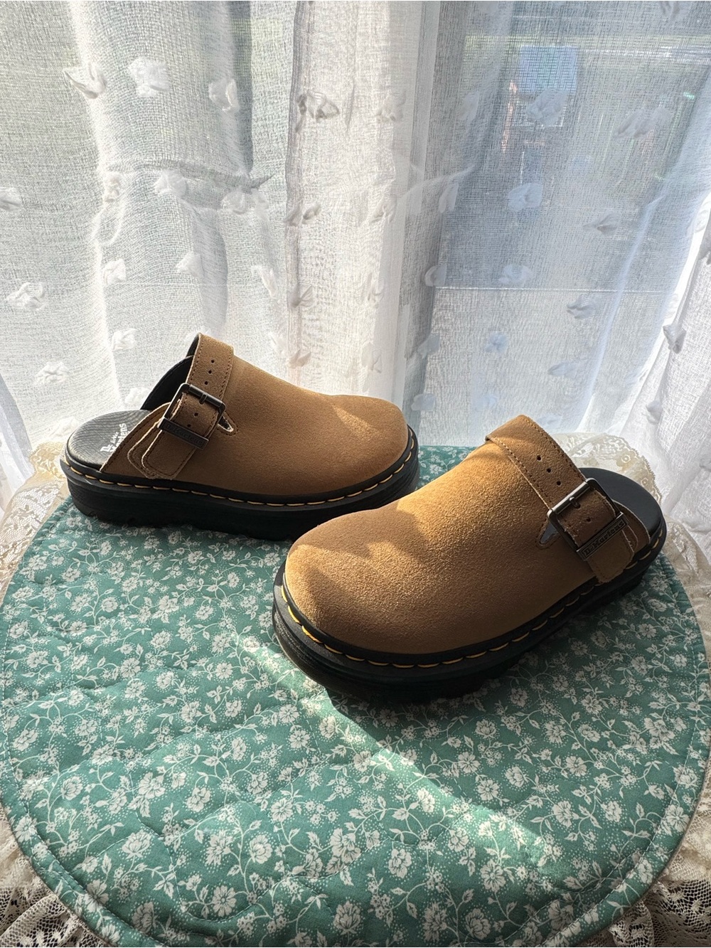 Dr. Martens Tan Zebzag Suede Slip-On Buckle Clogs